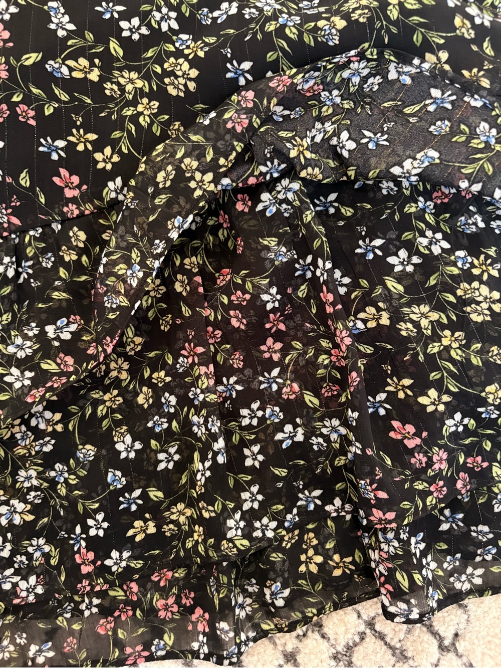 Vintage Black Floral Mini Skirt - Lightweight Ruffle Hem - Picture 5 of 6